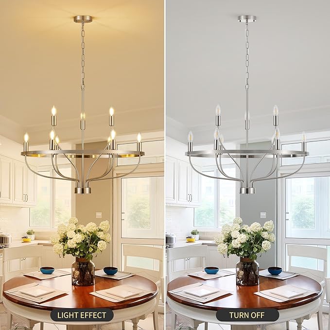 9-Light Brushed Nickel Chandelier, Modern Candle Chandeliers for Dining Room 30" Metal Vintage Farmhouse Chrome Chandelier Light Fixture for Kitchen Island, Bedroom, Foyer, Living Room