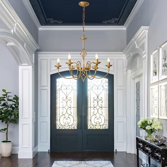 Modern Gold Chandelier for Dining Room 6 Lights Candle Chandelier Light Fixtures 26" Hanging Pendant Light Rustic Industria Chandeliers for Farmhouse Living Room Bedroom Foyer Entryway