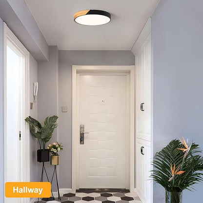 Modern LED Ceiling Light, Minimalist Wood Flush Mount Ceiling Light Fixture, 4000K Not Dimmable, Circle Lighting Lamp with Acrylic Lampshade for Bedroom Dining Room Laundry (Black,15.8")