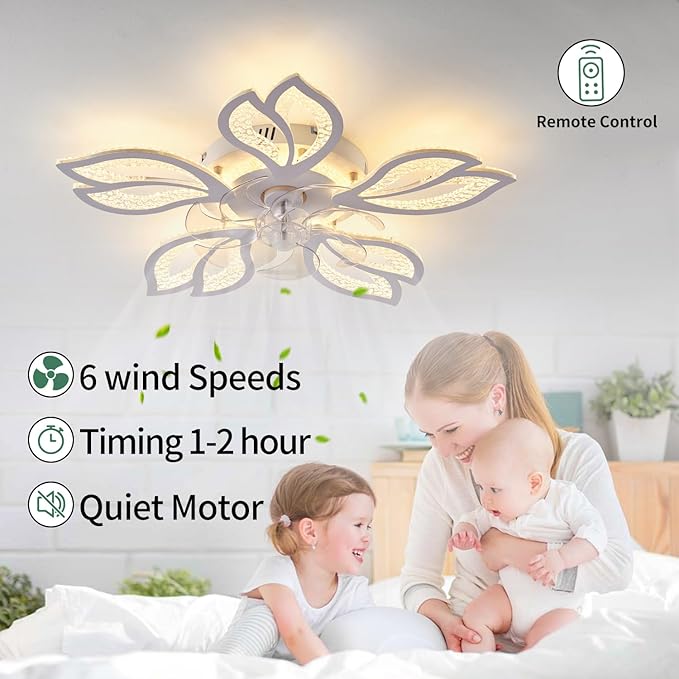 Yfrest Ceiling Fan with Lights Remote Control, White Bladeless Ceiling Fan with Light, 6 Speeds 3 Light Color Low Profile Ceiling Fan for Kitchen Bedroom