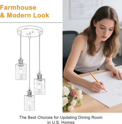 3-Light Pendant Light Fixtures, Black and Gold Pendant Lights Kitchen Island, Adjustable Pendant Lighting with Clear Hammered Glass Shade, Modern Hanging Light Fixtures for Dining Room, Hallway
