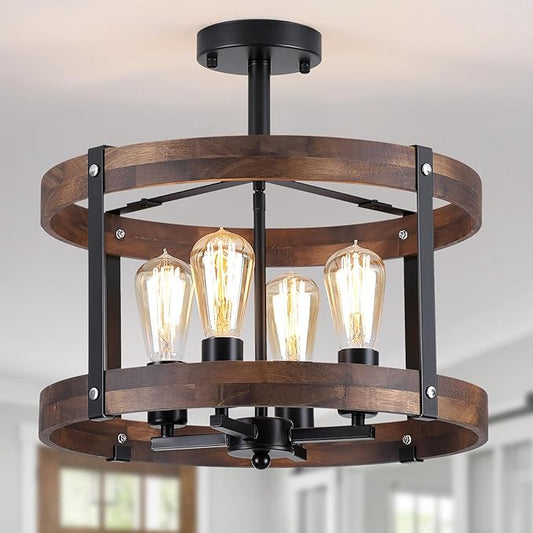 4-Light Large Rustic Farmhouse Flush Mount Ceiling Light Fixture 16.5 inch Oak Wood Round Drum Semi Flush Mount Ceiling Light for Bedroom Hallway Entry Dining Farmhouse Living Room, Black
