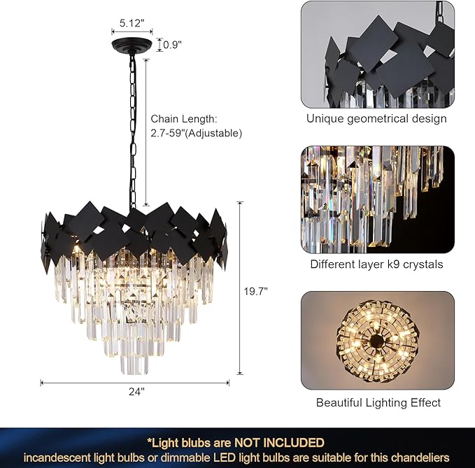 Black Crystal Chandelier Modern Round Chandelier Crystal Ceiling Pendant Light 24'' 5 Tiers Dining Room Chandelier over Table k9 Luxury Hanging Lamp Fixtures for Entryway Foyer Dining Room Bedroom