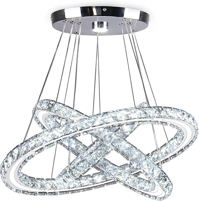 LED Chandeliers Modern Ceiling Light Fixture 3 Rings Adjustable Crystal Pendant Light Fixture Ceiling Hanging for Living Room Dining Room Bedrooms Hall 250mm Base 209 Crystals (Cool White)