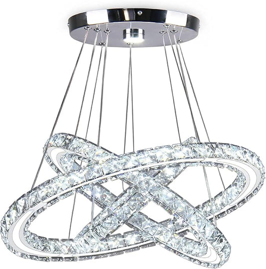 LED Chandeliers Modern Ceiling Light Fixture 3 Rings Adjustable Crystal Pendant Light Fixture Ceiling Hanging for Living Room Dining Room Bedrooms Hall 250mm Base 209 Crystals (Cool White)