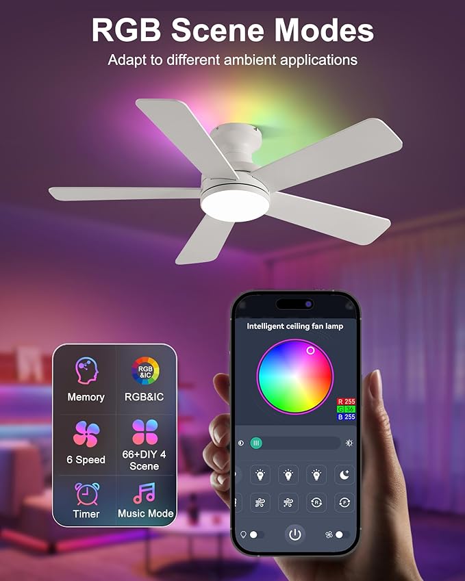 42 Inch Ceiling Fan with Lights, RGB Ceiling Fan with Light, App & Remote Control, Flush Mount Low Profile, Reversible, 3CCT, Dimmable LED, Noiseless, White Ceiling Fan for Bedroom