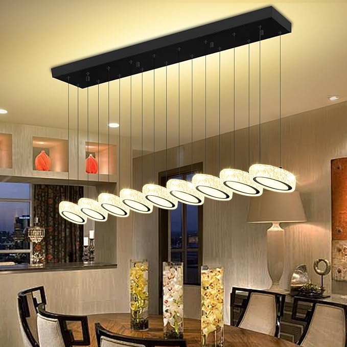 Rectangular Crystal Chandelier for Dining Room Pendant Chandelier for Kitchen Modern Linear Crystal Chandeliers Over Table Black 9 Lights