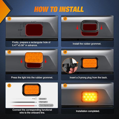 Nilight 5” X 3” Rectangular Trailer Tail Light 2 PCS Amber 10 LED Turn Signal Lights IP67 Waterproof w/Flush Mount Grommets Plugs for 12V Truck ATV UTV Bus RV Camper