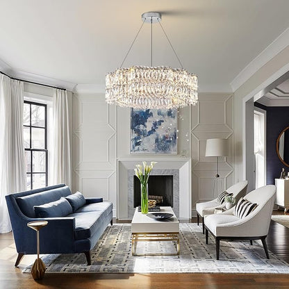 Modern Crystal LED Chandelier 32’’ with Remote Control Dimmable 3000-6500K Contemporary Chrome Luxury Chandeliers Light Fixture for Living Dining Room Bedroom Kitchen Island Foyer Entryway