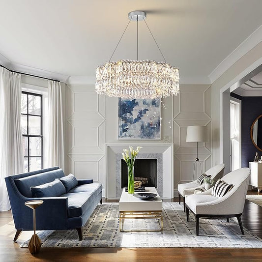 Modern Crystal LED Chandelier 32’’ with Remote Control Dimmable 3000-6500K Contemporary Chrome Luxury Chandeliers Light Fixture for Living Dining Room Bedroom Kitchen Island Foyer Entryway