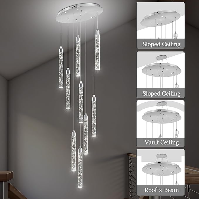 Crystal Staircase Chandelier, Modern Chrome Spiral Dimmable LED Cluster Raindrop Foyer Chandelier Lighting, Bubble Living Room Hanging Light Fixture 9 Light Remote Control