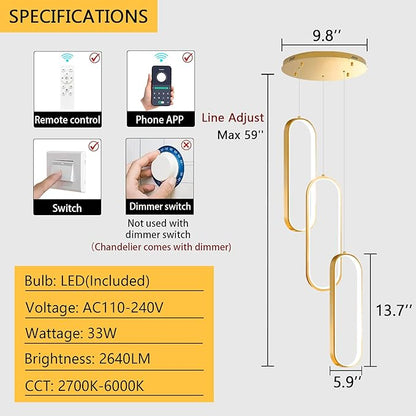 Modern Ring Chandelier LED Dimmable Ceiling Light for Kitchen Island Living Room Staircaes Dining Room Gold