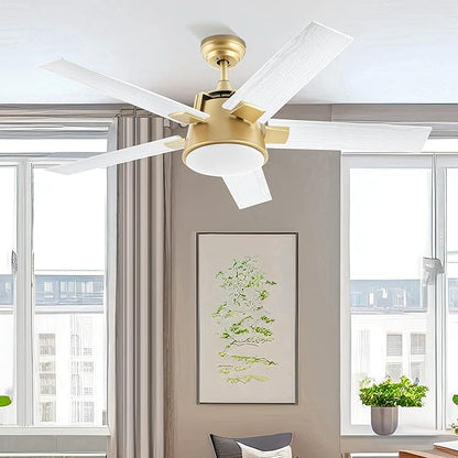 YITAHOME Ceiling Fan with Light and Wall Switch Remote, 52 Inch Modern Gold White Fan, Quiet Reversible Motor, Dimmable LED Color, Memory Function for Bedroom Living Room Patio Indoor