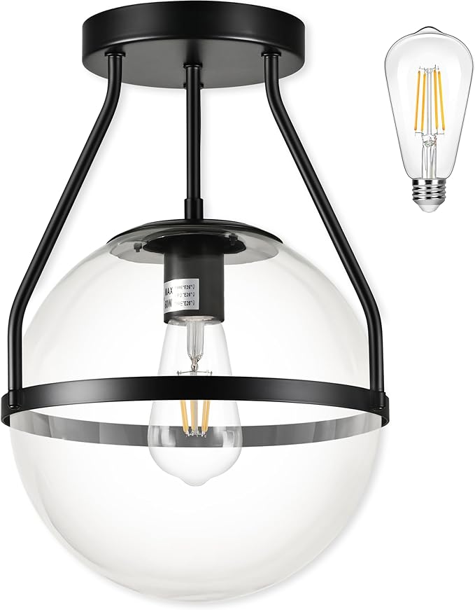 Bagood 10" Mid Century Ceiling Light Modern Black Semi Flush Mount Ceiling Light with Clear Glass Shade Globe Semi Flush Mount Ceiling Light Fixture for Bedroom Hallway Bathroom Foyer (Bulb Incl.)