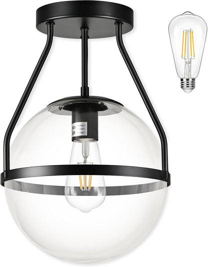 Bagood 10" Mid Century Ceiling Light Modern Black Semi Flush Mount Ceiling Light with Clear Glass Shade Globe Semi Flush Mount Ceiling Light Fixture for Bedroom Hallway Bathroom Foyer (Bulb Incl.)