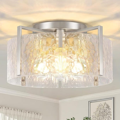 4-Light Modern Semi Flush Mount Ceiling Light Silver, 16'' Entryway Light Fixture, Glass Ceiling Mount with Hammer Glass for Passage Aisle Kitchen Island Dining Room Living Room Lighting Fixtures
