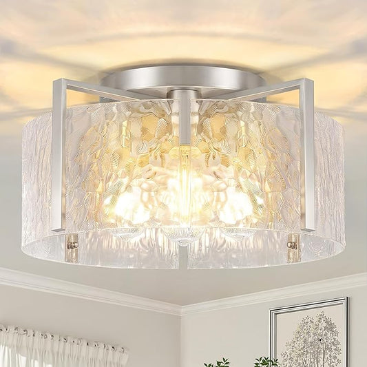 4-Light Modern Semi Flush Mount Ceiling Light Silver, 16'' Entryway Light Fixture, Glass Ceiling Mount with Hammer Glass for Passage Aisle Kitchen Island Dining Room Living Room Lighting Fixtures