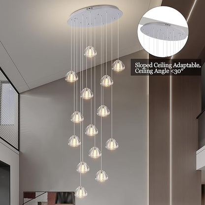 Modern Crystal Chandelier 14-Lights High Ceiling Raindrop Chandelier Lighting Fixture, Large LED Round Indoor Lighting Fixture Chrome for Foyer Staircase Living Room