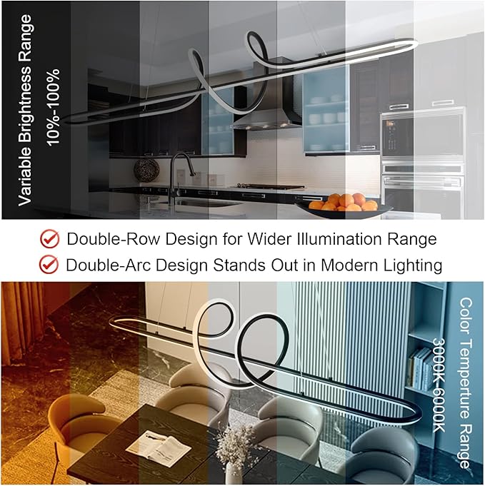 Black Modern Chandelier, 43.30" Large Modern Led Pendant Light for Kitchen Island with Remote,Dimmable Led Chandelier for Dining Room Adjustable Height Ceiling Hanging