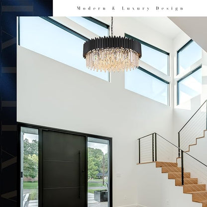 Large Crystal Chandelier Modern Black Chandelier for High Ceiling 12 Lights Large Staircase Lighr Round Pendant Light Fixture Hanging Ceiling Light for Dining Room Living Room Entryway Foyer