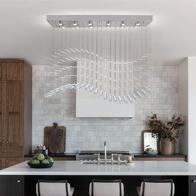 Finktonglan 47.2" Rectangular Crystal Chandelier for Kitchen Island, 10-Light Linear Island Pendant Light, GU10 Base (Bulbs Not Included), Height Adjustable Modern Dining Room Ceiling Light