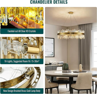 Siljoy 16-Light Modern Crystal Chandelier, Luxury Brushed Gold 2-Tiers K9 Crystal Raindrop Chandeleir, Adjustable Dimmable Crystal Ceiling Light for Dining Living Room Bedroom Entryway D31.5''