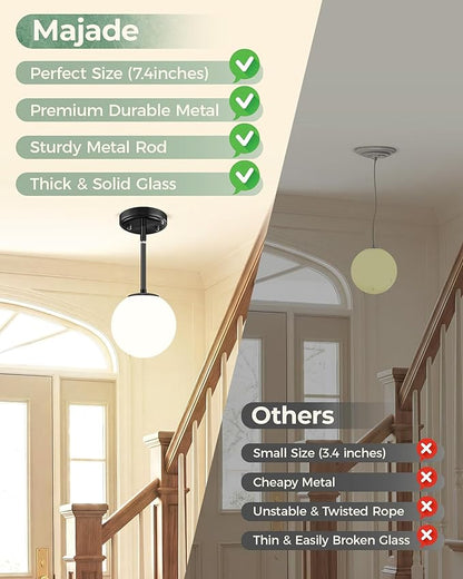 Majade Globe Pendant Lights Kitchen Island Mid Century Modern Pendant Light Fixtures 7.4 Inch Black Ceiling Lighting with Milk White Glass Shade Adjustable Hanging Light for Dining Room Living Room