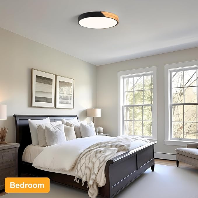 Modern LED Ceiling Light, Minimalist Wood Flush Mount Ceiling Light Fixture, 4000K Not Dimmable, Circle Lighting Lamp with Acrylic Lampshade for Bedroom Dining Room Laundry (Black,15.8")