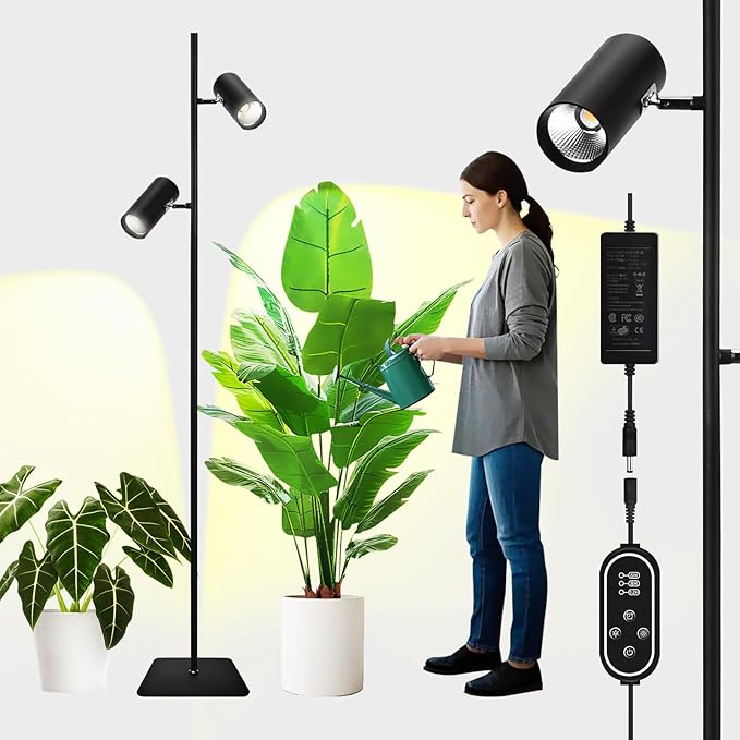 60W Dimmable Grow Light, Full Spectrum COB LED Dual-Head Floor Lamp with High CRI, 6/8/12H Timer, Adjustable Height (37"-77") & Angle – Standing Grow Lights for Indoor Plants (warm white 4000K)