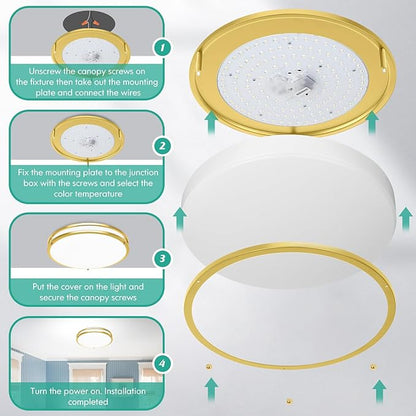 16 Inch LED Flush Mount Ceiling Light Fixture, Dimmable 5CCT Selectable 2700K Warm White-6500K Super Bright Daylight White, 50W 6000LM Round Gold Ceiling Lamps for Living Room Bedroom Kitchen, 2 Packs
