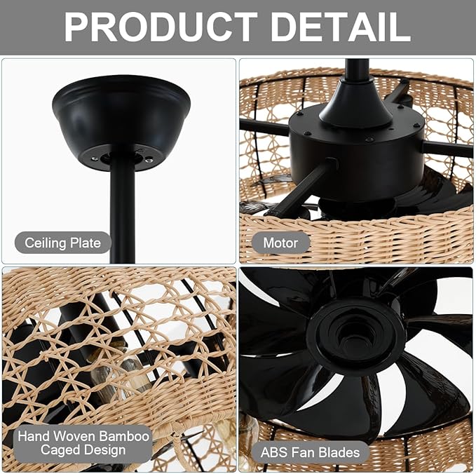 18.2" Rattan Ceiling Fan with Lights 4-Light Boho Caged Ceiling Fandelier with Light Reversible Brown Wicker Flush Mount Fan Pendant Light Remote for Bedroom Kitchen Dining/Living Room Hallway