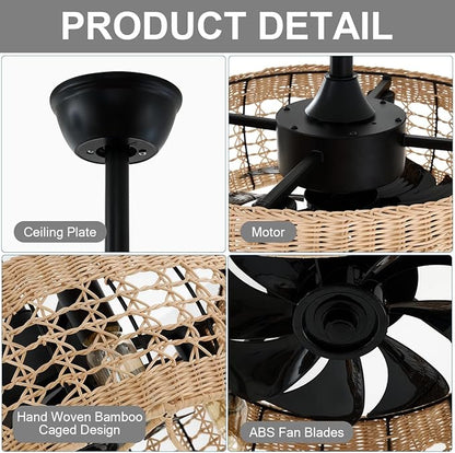 18.2" Rattan Ceiling Fan with Lights 4-Light Boho Caged Ceiling Fandelier with Light Reversible Brown Wicker Flush Mount Fan Pendant Light Remote for Bedroom Kitchen Dining/Living Room Hallway