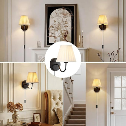 Plug in Wall Sconces with White Fabric Shades, Black Wall Sconces Set of Two, Modern Wall Lighting Fixture with On/Off Switch, Indoor Corded Wall Lamp for Bedroom, Living Room, Hallway, Bedside