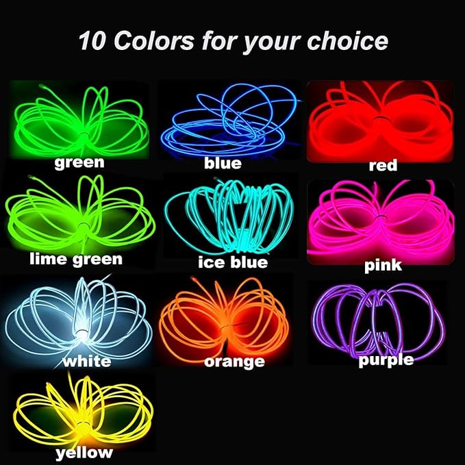 MaxLax EL Wire Fluorescent Green, 2M Portable Battery Pack Neon Light Strip 360° Cuttable Glowing Rope Lights for Parties, Halloween, DIY Decoration
