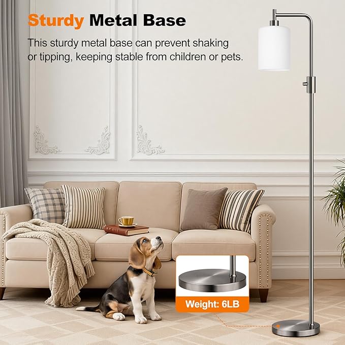 【Upgraded】Dimmable Floor Lamps for Living Room with Frosted White Glass Lampshade, Modern Industrial Floor Lamp with 900LM Bulb Included, Standing Tall Lamp for Bedroom, Office, Reading Room, Nickel