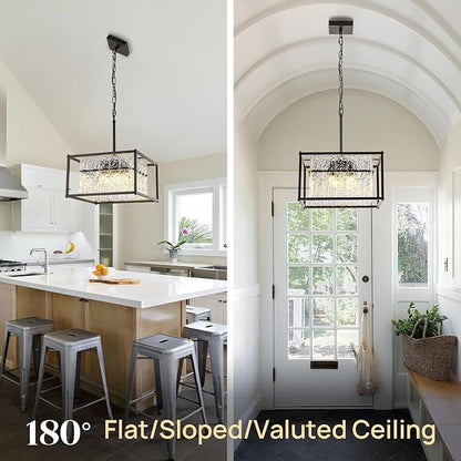 Modern Black Crystal Pendant Light for Kitchen Island, 4-Light Water Ripple Glass Chandelier, Adjustable Height Dimmable Hanging Fixture for Dining Room Bedroom Hallway Entryway
