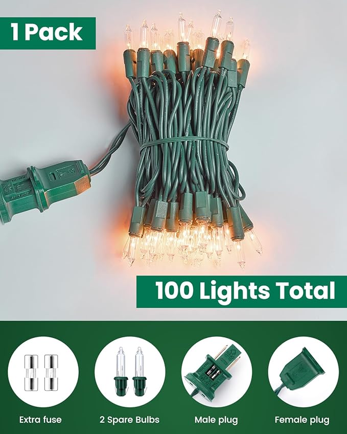 Minetom Clear Christmas String Lights 3 Pack 20 Feet 100 Counts Warm Mini Lights for Christmas Indoor Outdoor Patio Wreath Garden Wedding Party Thanksgiving Holiday Decorations, Green Wire