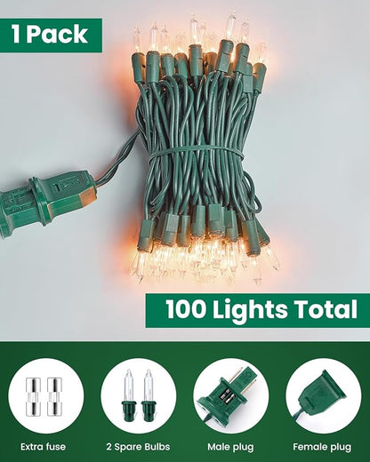 Minetom Clear Christmas String Lights 3 Pack 20 Feet 100 Counts Warm Mini Lights for Christmas Indoor Outdoor Patio Wreath Garden Wedding Party Thanksgiving Holiday Decorations, Green Wire