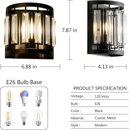 Modern Wall Sconce Set of 2, Crystal Wall Sconces Lighting, Black Wall Light for Bedroom Hallway Living Room