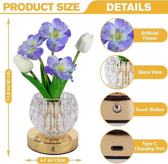 Flower Table Lamp, 3 Colors Touch Dimming Tulip Night Light, Rechargeable Artificial Flower Light, LED Flower with Vase Lamp Romantic Decor for Date Party Home (Blue-Sakura)