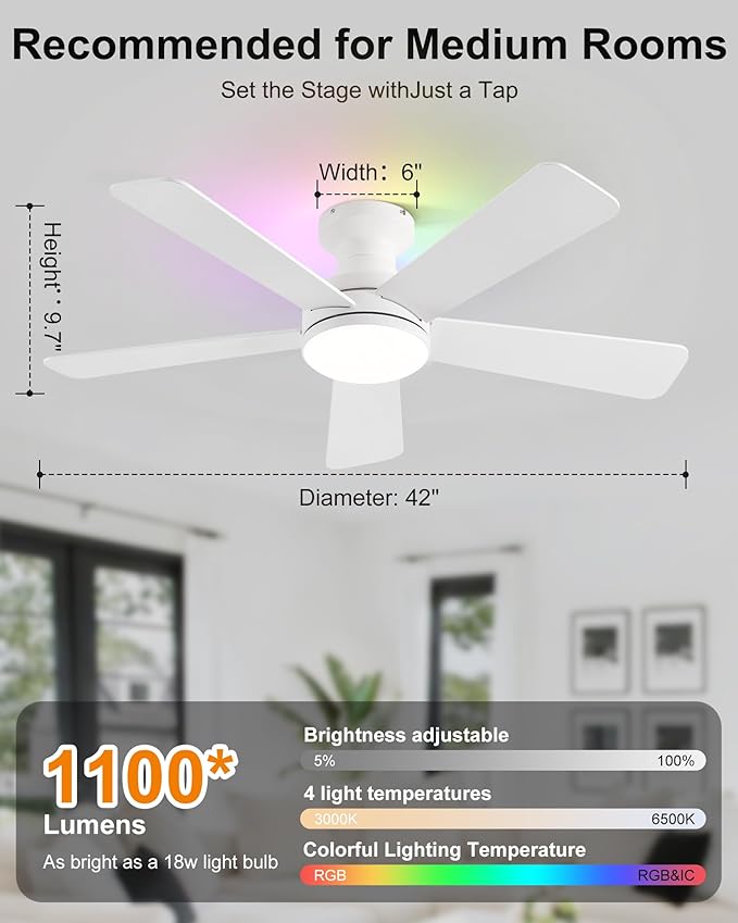 42 Inch Ceiling Fans with Lights, Smart Ceiling Fan with Alexa Google App, White Ceiling Fan with RGB Lights Remote, 6 Speeds Reversible DC Motor, Modern Flush Mount for Bedroom Living Room