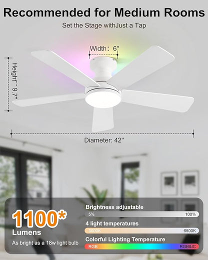 42 Inch Ceiling Fans with Lights, Smart Ceiling Fan with Alexa Google App, White Ceiling Fan with RGB Lights Remote, 6 Speeds Reversible DC Motor, Modern Flush Mount for Bedroom Living Room