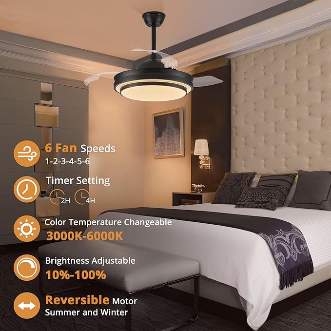 LEDIARY Retractable Ceiling Fans with Lights and Remote, 42 Inch Fandelier Ceiling Fans with LED Lighting, Smart Modern Ceiling Fan, Stepless Color Changeable, Dimmable, Timer Setting