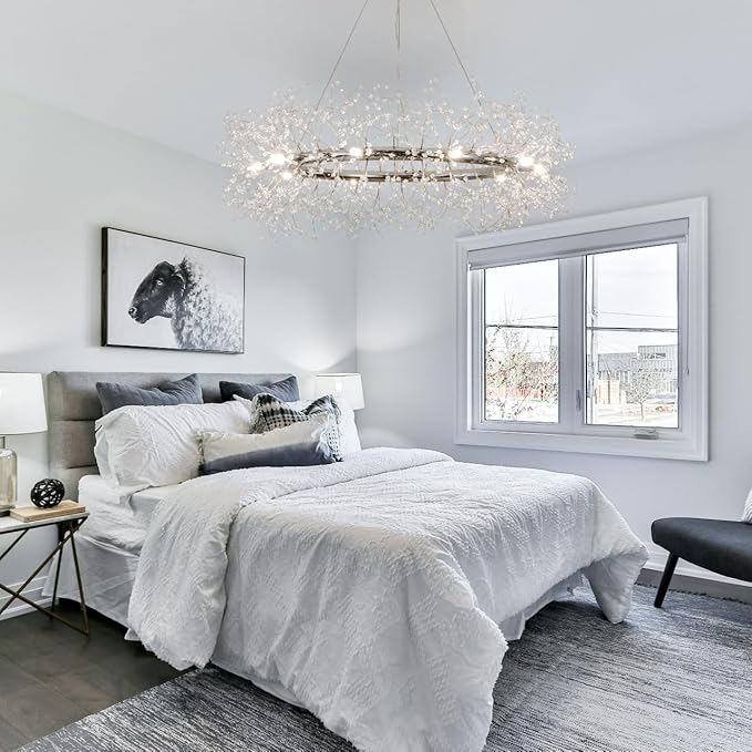 Modern Crystal Silver Chandeliers,Chrome Dining Room Chandelier Light Fixture Round,Large Living room Chandelier,Crystal Ceiling Light Fixture Pendant Hanging for Bedroom Entryway Hallway 39In.