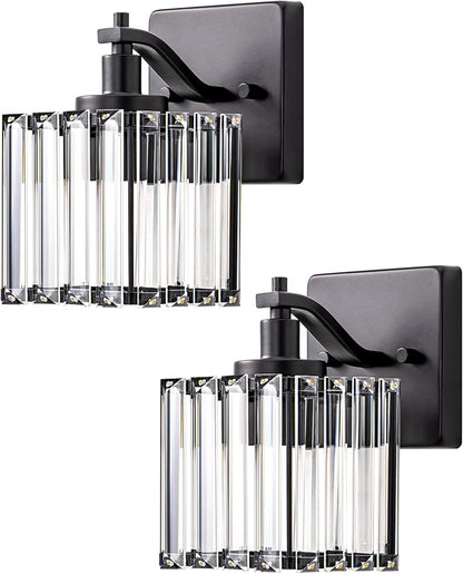 EDISHINE Hardwired Bathroom Light Fixtures, Modern Wall Sconces Set of Two, Crystal Bathroom Vanity Llight, Indoor Lighting Fixtures Over Mirror, Black Wall Lamp for Bedroom