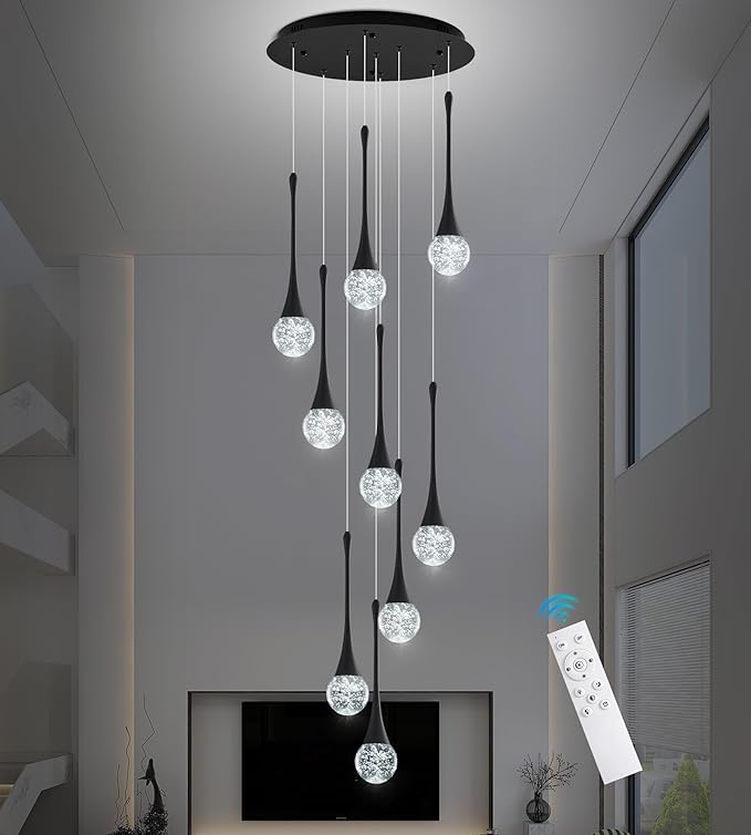 Modern Black Crystal Chandelier for High Ceiling 9-Lights, 99 Inches Luxury Spiral Dimmable LED Bubble Raindrop Pendant Lighting Fixture for Staircase Foyer Entryway Living Room