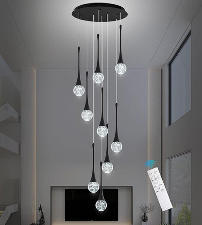 Modern Black Crystal Chandelier for High Ceiling 9-Lights, 99 Inches Luxury Spiral Dimmable LED Bubble Raindrop Pendant Lighting Fixture for Staircase Foyer Entryway Living Room