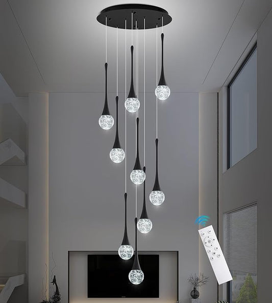 Modern Black Crystal Chandelier for High Ceiling 9-Lights, 99 Inches Luxury Spiral Dimmable LED Bubble Raindrop Pendant Lighting Fixture for Staircase Foyer Entryway Living Room