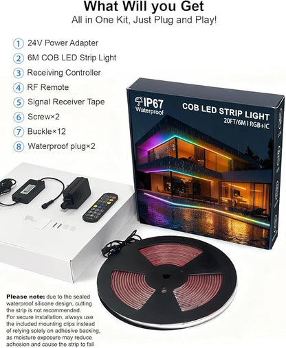 20ft/6m COB LED Strip Lights, RGB Smart IC, IP67 Waterproof, Dimmable , Color Flowing Tape Light with App Control & Music Sync, Dotless LED Light for Outdoor, Patio, christmas & Party Decorations
