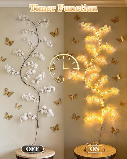 GOESWELL Cherry Blossom Tree Lights for Wall: 7.9FT Lighted Garland for Room and Home Decor - Plug or Battery Operated Artificial Flower Vines for Mantle Fireplace Wedding Party Indoor Outdoor